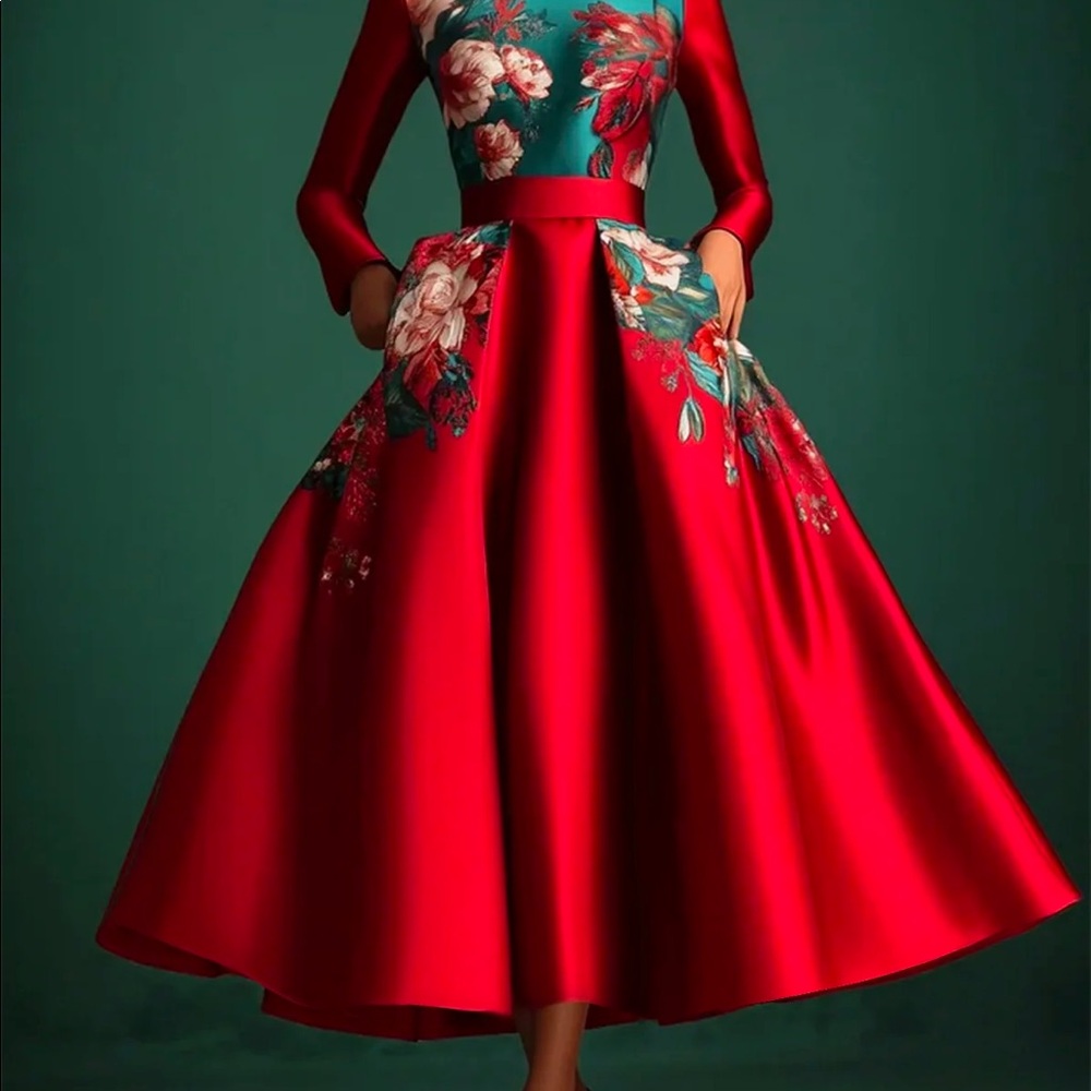 Elegant Floral Printing Party Dress With Pockets